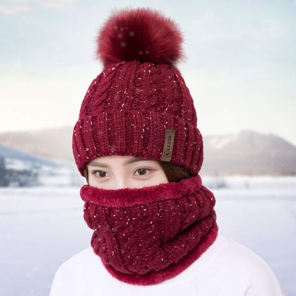 Women's Pom Beanie Hat and Scarf Set Cute Winter Ski Hat with Fleece Lining - Picture 7 of 7